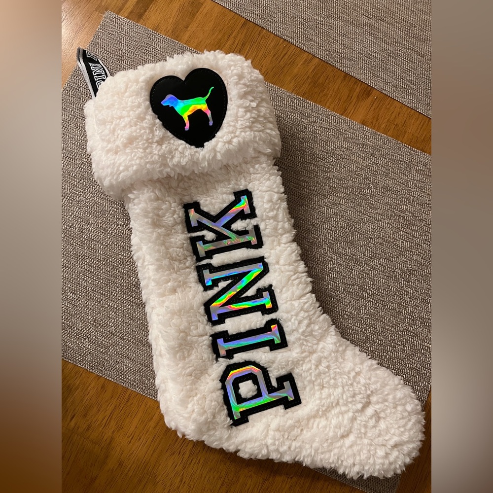 Victoria’s Secret Pink Fuzzy Holiday Christmas Stocking Sherpa logo dog white